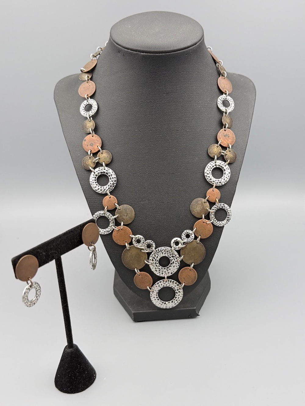Necklace/Earrings, Cluster of "Coins" Design, copper to/hammered silver tone